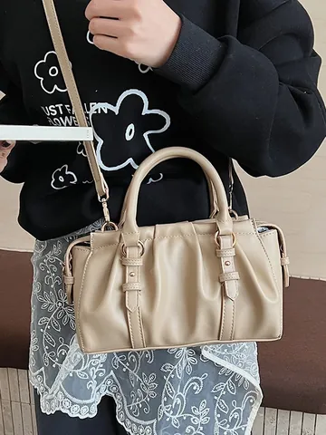 Vintage PU Leder Geraffte Tragetasche Exquisite Plissierte Schulter Umhängetasche Mit Abnehmbarem Gurt Für Damen Pendeln Handtasche