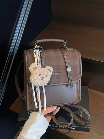 Women Plaid Patchwork PU Leather Mini Backpack Multi-Functional Shoulder Bag With Bear Charm Fashion Commute Tote For Ladies