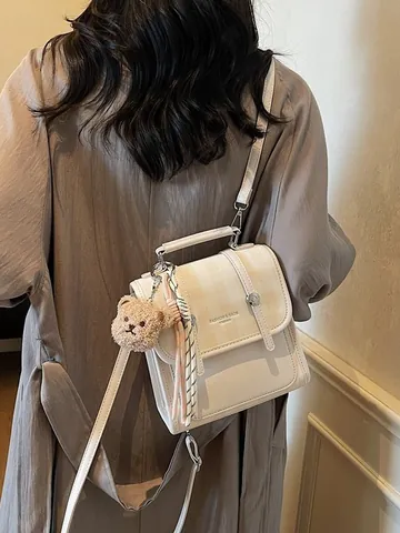 Women Plaid Patchwork PU Leather Mini Backpack Multi-Functional Shoulder Bag With Bear Charm Fashion Commute Tote For Ladies