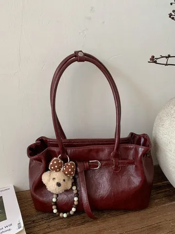 Borsa Tote da Donna in Pelle PU Vintage Sofisticata Borsa a Spalla Retrò Minimalista Con Ciondolo a Orsetto Grande Capacità Pendolare