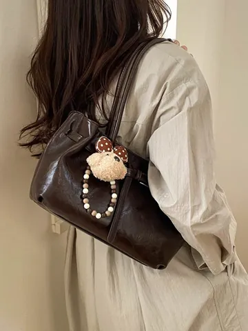 Borsa Tote da Donna in Pelle PU Vintage Sofisticata Borsa a Spalla Retrò Minimalista Con Ciondolo a Orsetto Grande Capacità Pendolare