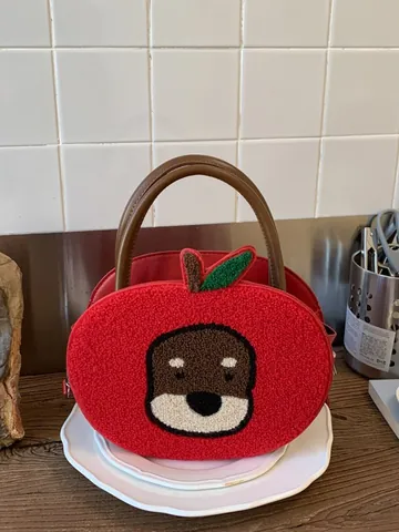 Borsa a Mano Creativa a Forma di Mela Rossa in Peluche per Donna Simpatica Borsa a Tracolla Ricamata con Cane a Cartone Animato con Manico in PU