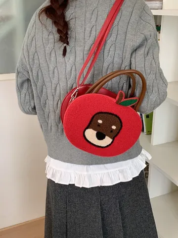 Borsa a Mano Creativa a Forma di Mela Rossa in Peluche per Donna Simpatica Borsa a Tracolla Ricamata con Cane a Cartone Animato con Manico in PU