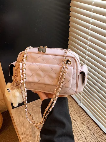 Bolso Baguette de Cadena de Rombo Acolchado de Moda para Mujer Cuero de PU Elegante Bolso Bandolera Pequeño Bolso Cuadrado Diario