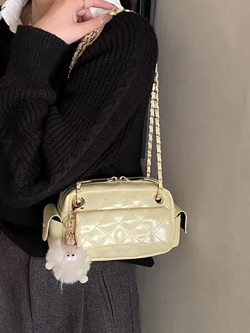 Bolso Baguette de Cadena de Rombo Acolchado de Moda para Mujer Cuero de PU Elegante Bolso Bandolera Pequeño Bolso Cuadrado Diario