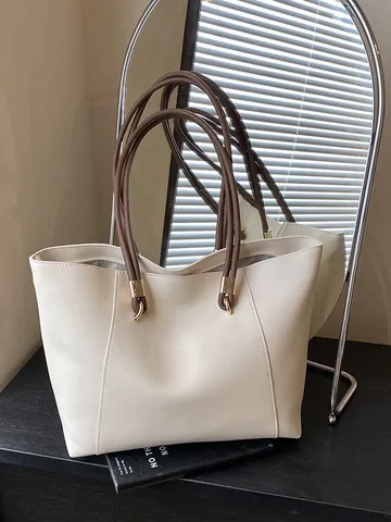 Women Large Capacity Synthetic Leather Tote Bag Minimalist Solid Color Commute Shoulder Bag With Gold Buckle Fashion Handbag