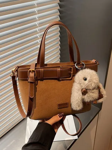 Retro PU Leather Suede Spliced Bucket Bag For Women Fashion Handbag With Rabbit Pendant Shoulder Crossbody Bag
