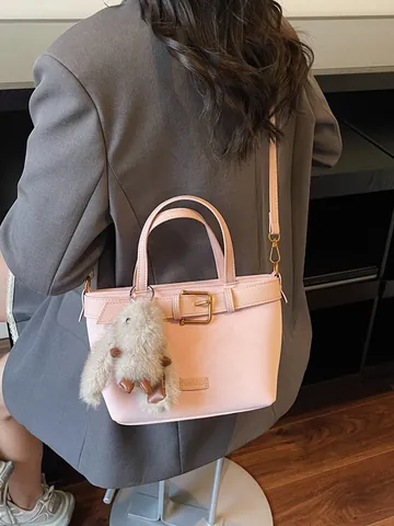 Retro PU Leather Suede Spliced Bucket Bag For Women Fashion Handbag With Rabbit Pendant Shoulder Crossbody Bag