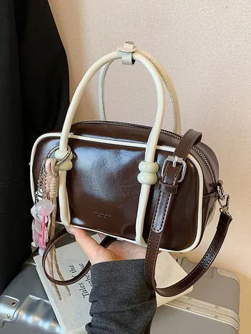 Women's Vintage PU Leather Boston Handbag Korean Style Contrast Color Crossbody Shoulder Bag With Fashion Charm