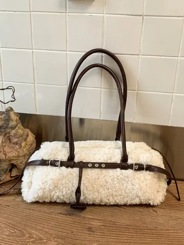 Women Faux Fur Plush Tote Bag PU Leather Strap Shoulder Underarm Bag Large Capacity Commuting Fashion Winter Handbag