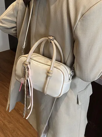 Women's Vintage PU Leather Boston Handbag Korean Style Contrast Color Crossbody Shoulder Bag With Fashion Charm