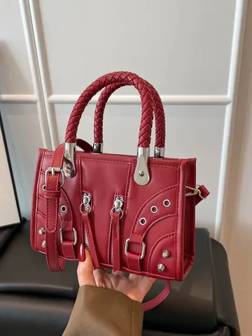 Γυναικεία Vintage Punk Τσάντα Crossbody από Δέρμα PU Με Πριτσίνια Μεταλλικές Τρύπες Πλεκτή Λαβή Μοτοσικλέτα Μικρή Τετράγωνη Τσάντα