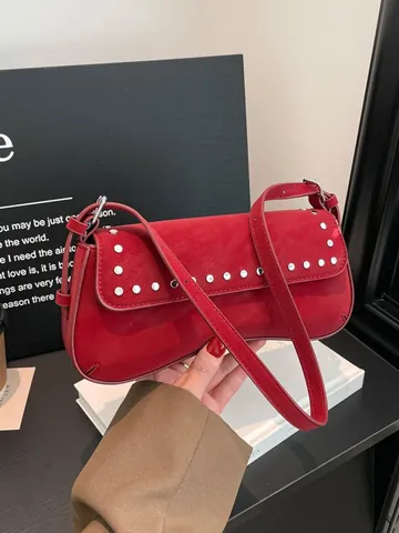 Bolso Baguette Vintage con Remaches para Mujer PU de Axila de Hombro Minimalista Color Sólido Bolso de Mano Casual de Solapa