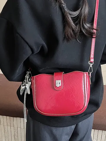 Vintage PU Leather Small Square Crossbody Bag For Women Casual Solid Color Messenger Shoulder Bag With Metal Star Charm