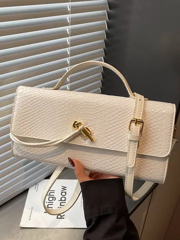 Vintage Snake Embossed PU Leather Baguette Bag For Women With Metallic Knot Lock Portable Single Shoulder Crossbody Handbag Fashion Purse