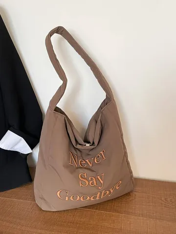 Γυναικεία Καπιτονέ Τσάντα Tote Puffy Μεγάλη Χωρητικότητα Τσάντα Ώμου Casual Never Say Goodbye Κέντημα Νάιλον Τσάντα