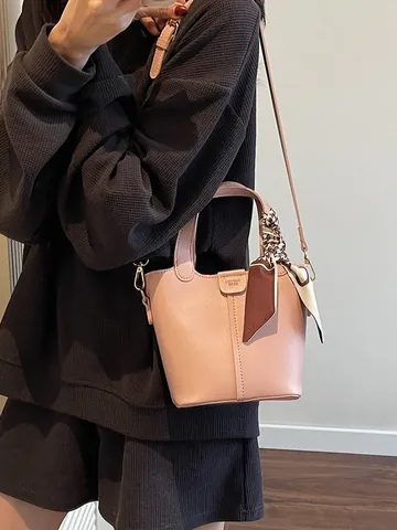 Bolso Bombonera de Cuero PU para Mujer Bolso Bandolera Vintage de Alta Gama Bolso de Mano Versátil Con Bufanda de Satén