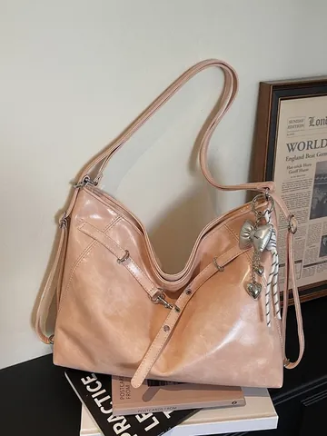 Bolso Tote de PU Brillante de Gran Capacidad para Mujer Bolso de Hombro Minimalista Elegante Bolso Hobo Chic Con Colgante de Lazo