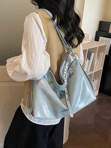 Bolso Tote de PU Brillante de Gran Capacidad para Mujer Bolso de Hombro Minimalista Elegante Bolso Hobo Chic Con Colgante de Lazo