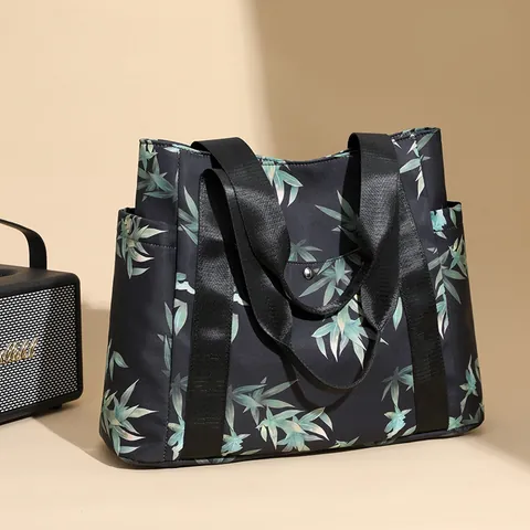 Women's Bamboo Leaf Print PU Tote Bag Large Capacity Waterproof Shoulder Bag Casual Handbag For Daily Travel Shopping