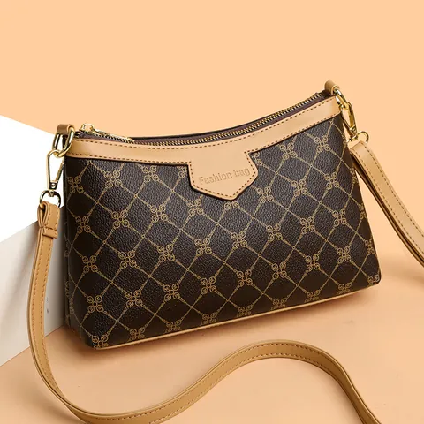 Vintage Monogram Pattern PU Leather Crossbody Bag For Women Luxury Style Shoulder Bag With Adjustable Strap Fashion Square Handbag
