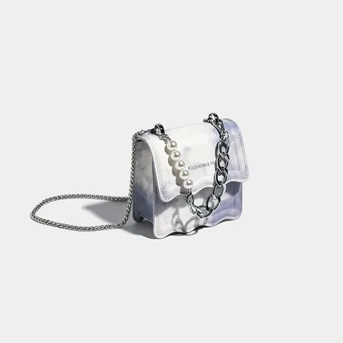 Mini Bolso Bandolera de Mármol para Mujer Asa de Perla Artificial de Imitación Diseño de Borde Ondulado Bolso de Hombro Cuadrado Pequeño