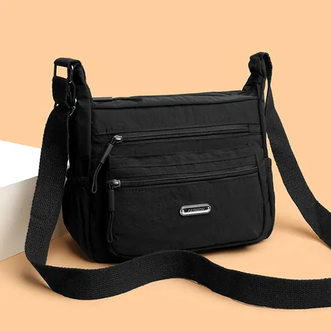 Damen Wasserdichte Nylon Umhängetasche Multi-Reißverschluss Große Kapazität Schultertasche Lässig Reisen Messenger Bag Verstellbarer Gurt