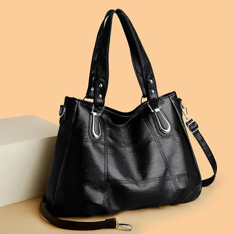 Damen Vintage Große Kapazität Tote Bag Weiches PU Leder Umhängetasche Einfache Pendler Handtasche Mit Nähmuster