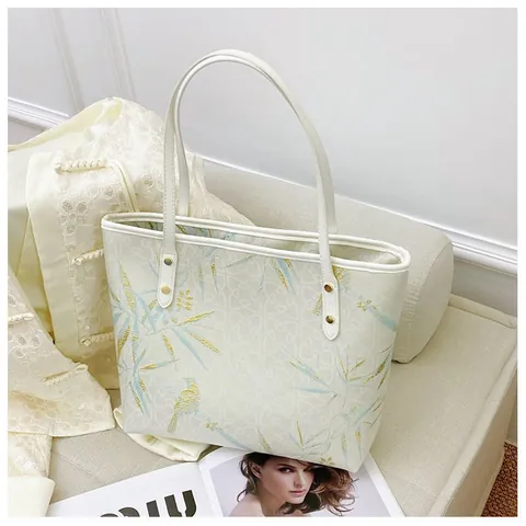 Women's New Chinese Style Tote Bag Elegant Bamboo Leaf Bird Print Large Capacity Shoulder Bag Casual Commuting Handbag Vintage Fabric Purse
