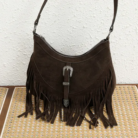Dames Retro Boho Hobo Tas Met Franjes PU Suede Leer Tassel Schoudertas Met Gesneden Metalen Gesp Western Mode Tas