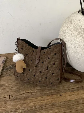 Damen Retro Punktmuster Schleife Wollstoff Schultertasche Minimalistisch PU Leder Umhängetasche Mit Plüsch Handschuh Anhänger