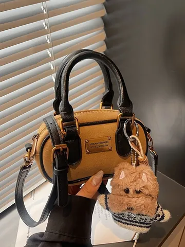 Women Retro Suede Baguette Bag Niche Design Small Shoulder Crossbody Bag With Plush Dog Pendant Chic Solid Color Handbag