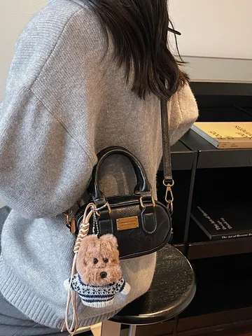 Women Retro Suede Baguette Bag Niche Design Small Shoulder Crossbody Bag With Plush Dog Pendant Chic Solid Color Handbag