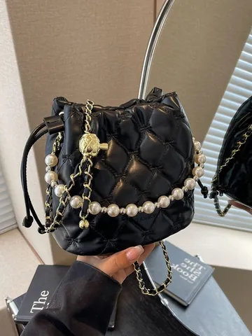 Bolso Bombonera para Mujer de Cuero PU Acolchado con Rombos Con Asa de Perlas Artificiales Cadena Dorada Cordón Ajustable Bolso Bandolera Elegante