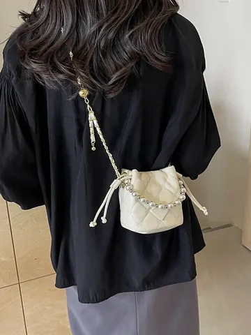 Bolso Bombonera para Mujer de Cuero PU Acolchado con Rombos Con Asa de Perlas Artificiales Cadena Dorada Cordón Ajustable Bolso Bandolera Elegante
