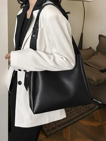 Women Retro PU Leather Large Capacity Tote Bag Set With Adjustable Wide Strap Minimalist Crossbody Shoulder Bag For Daily