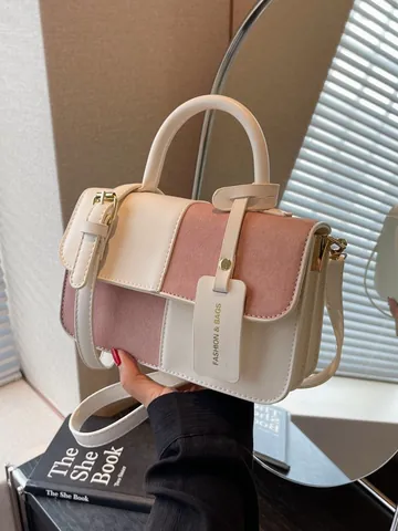 Bolso de Mano Vintage para Mujer Color de Contraste Cuero de PU Denim Gamuza Costuras Bolso de Hombro Correa Desmontable Moda Bandolera