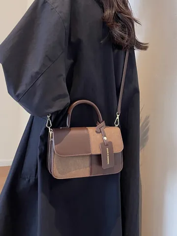 Bolso de Mano Vintage para Mujer Color de Contraste Cuero de PU Denim Gamuza Costuras Bolso de Hombro Correa Desmontable Moda Bandolera