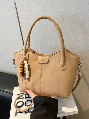Damen PU Leder Plissierte Einkaufstasche Mit Holzperlenanhänger Vintage Eimertasche Umhängetasche Täglich Pendeln Handtasche
