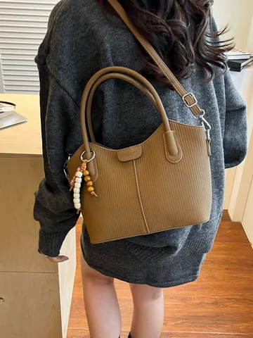 Damen PU Leder Plissierte Einkaufstasche Mit Holzperlenanhänger Vintage Eimertasche Umhängetasche Täglich Pendeln Handtasche