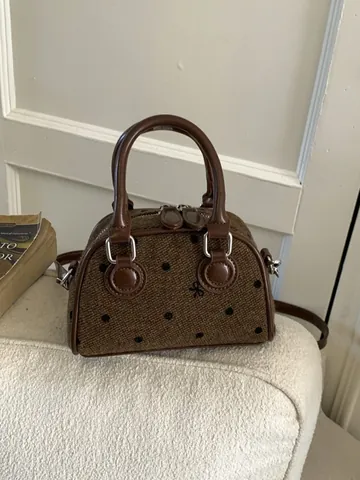 Vintage Polka Dot Tweed Boston Handbag For Women Bow Embroidery Shoulder Bag Retro Small Bowling Purse Adjustable Strap