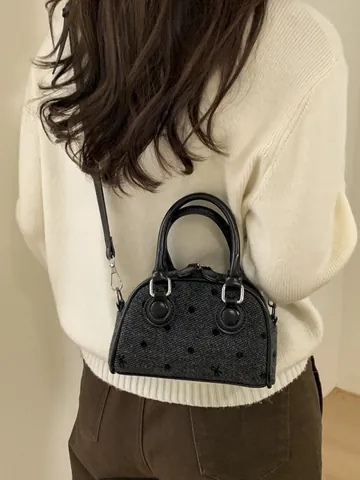 Vintage Polka Dot Tweed Boston Handbag For Women Bow Embroidery Shoulder Bag Retro Small Bowling Purse Adjustable Strap