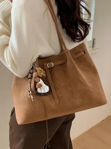 Borsa Tote in PU Effetto Scamosciato Retrò Minimalista per Donna Borsa a Tracolla di Grande Capacità con Pendenti a Cuore Leopardati