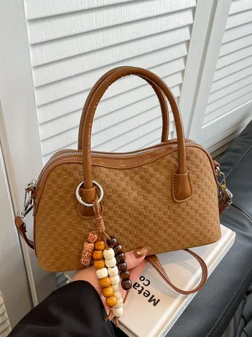 Borsa Baguette Donna Trama Intrecciata Con Pendaglio Di Perline Borsa A Mano In Pelle PU Retro A Quadri Tracolla Satchel Versatile Invernale