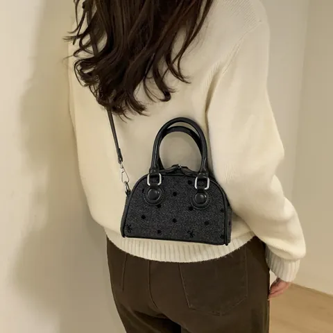 Borsa Quadrata Piccola Retrò a Pois da Donna in Lana e Pelle PU Patchwork Mini Borsa a Mano a Tracolla Con Tracolla Regolabile
