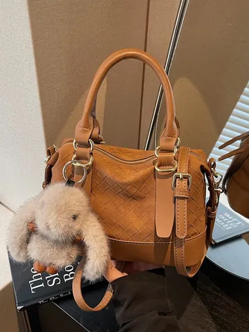 Women Woven PU Leather Boston Bag Minimalist Handbag With Plush Rabbit Keychain Adjustable Shoulder Strap Crossbody Bag