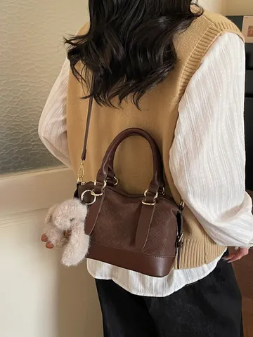 Women Woven PU Leather Boston Bag Minimalist Handbag With Plush Rabbit Keychain Adjustable Shoulder Strap Crossbody Bag