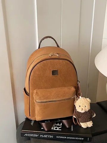 Women Vintage PU Leather Backpack Minimalist Suede Texture Shoulder Bag With Bear Charm For Daily Commuting Travel School