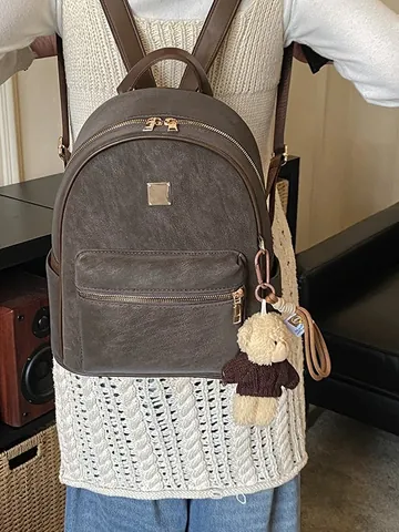 Women Vintage PU Leather Backpack Minimalist Suede Texture Shoulder Bag With Bear Charm For Daily Commuting Travel School