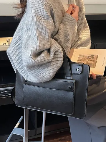Large Capacity PU Leather Tote Bag For Women Vintage Commuter Handbag Elegant Minimalist Office Laptop Bag With Flap Pocket